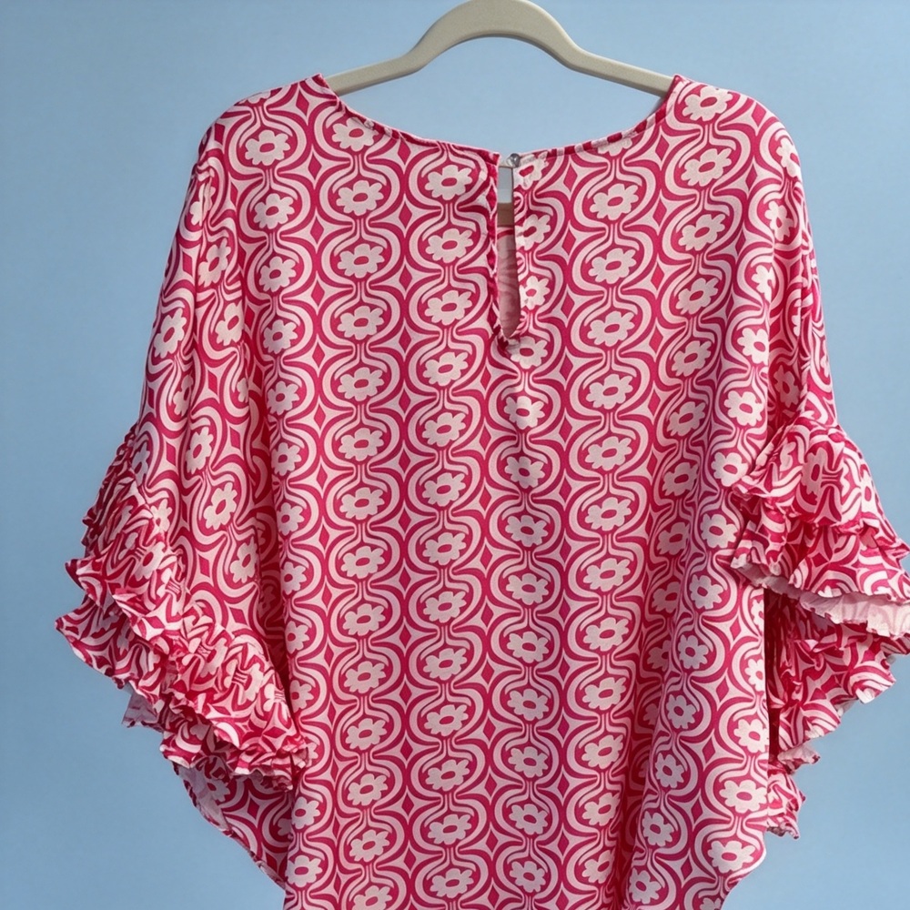 Pink Patterned Ruffle-Sleeve Women's Top